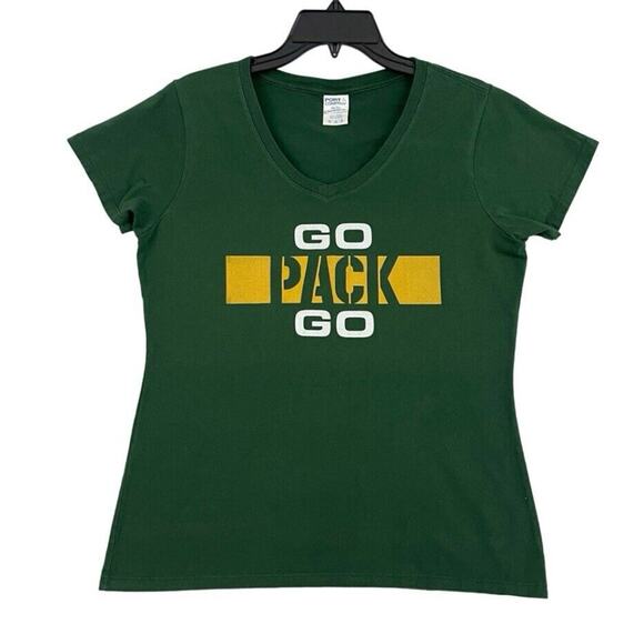 Green Bay Packers T Shirt Womens Size Medium Green V Neck NFL Graphic Go Pack Go - Picture 1 of 9